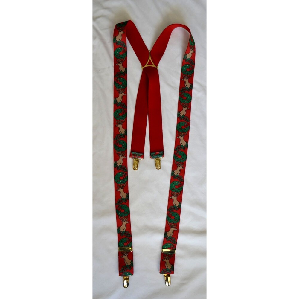 VTG CAS West Germany Christmas Suspenders Red Reindeer Wreath Adult Size Clip